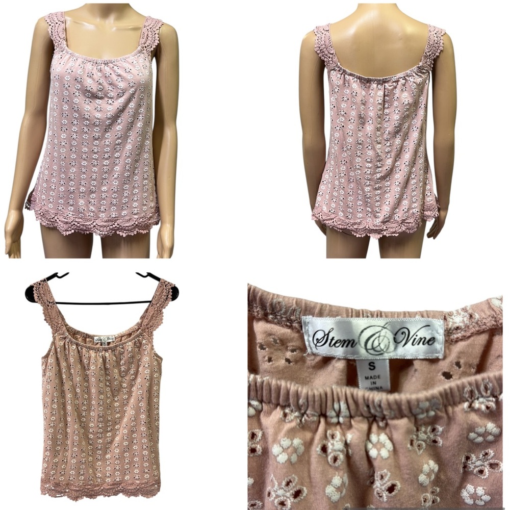 Stem and Vine Dusty Pink Floral Crochet Lace  Eyelet Look Sleeveless Top Small